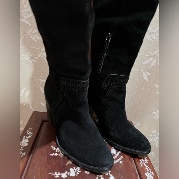 Vince Camuto " Madolee"  Braided Black Suede Tall Block Heel Boots - Picture 2 of 7